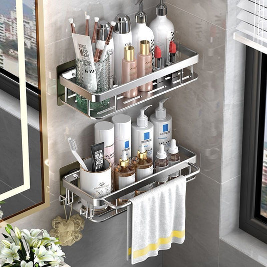 Wall-Mounted Adhesive Storage Shelf with Hooks