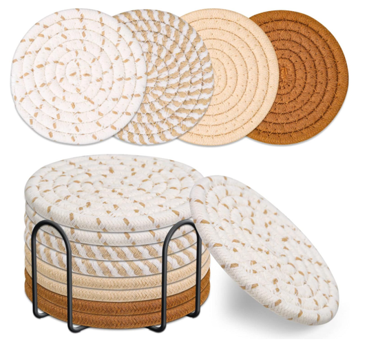 8-Pack Absorbent Cotton Woven Drink Coasters with Iron Rack