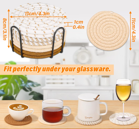 8-Pack Absorbent Cotton Woven Drink Coasters with Iron Rack