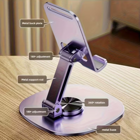Adjustable Aluminum Phone Stand (360° Rotating, Foldable)