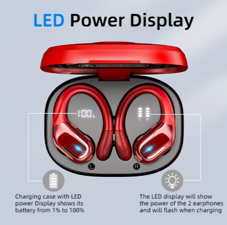 Wireless Earbuds with Earhooks (Bass + LED Display)