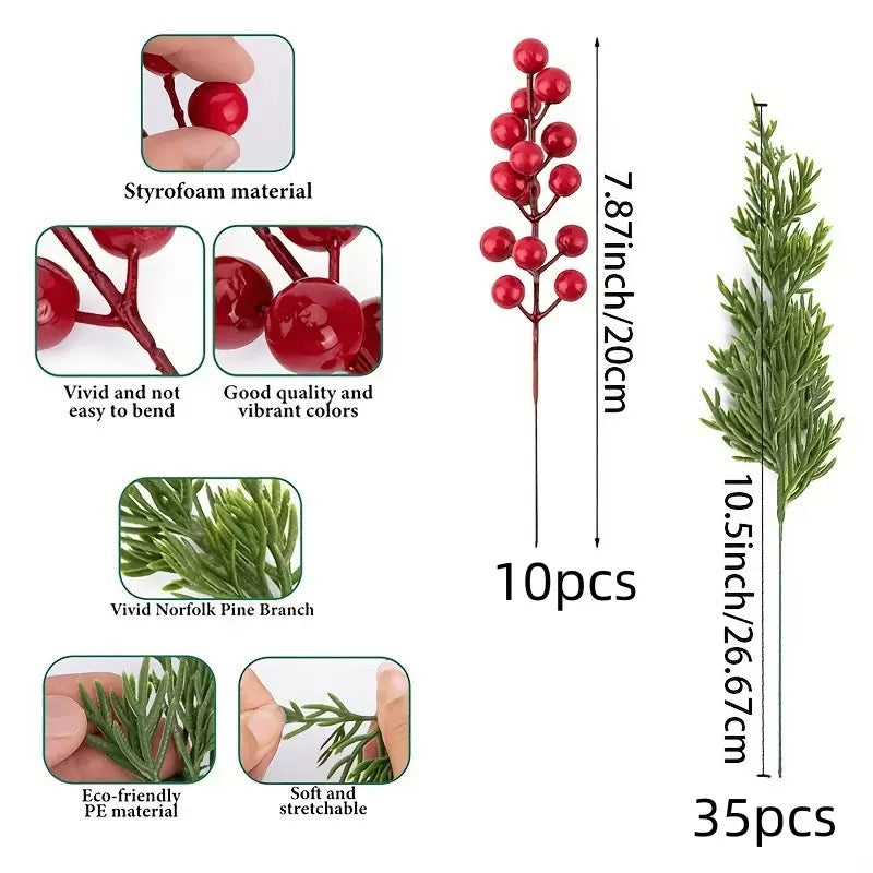 45 Pcs Artificial Pine Picks with Red Berries
