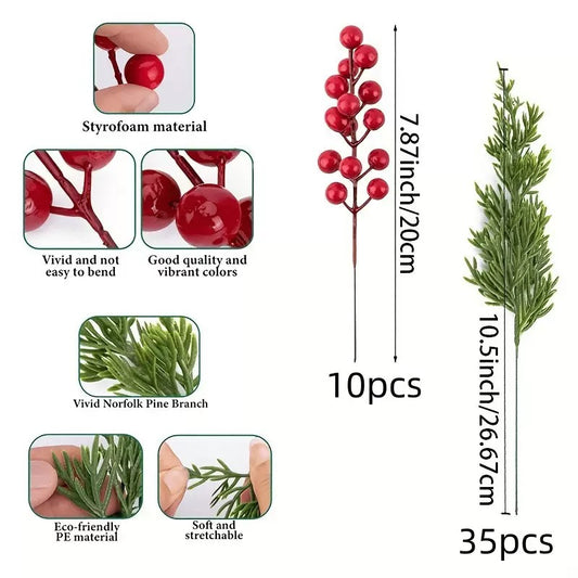 45 Pcs Artificial Pine Picks with Red Berries