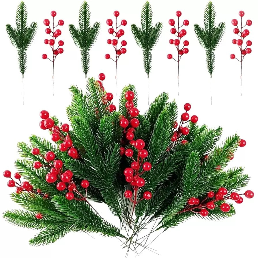 45 Pcs Artificial Pine Picks with Red Berries