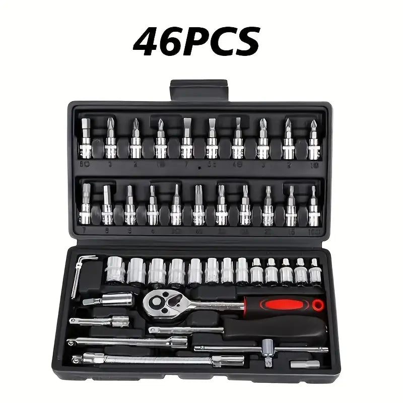 46pcs Premium Chrome Vanadium Steel Ultimate Automotive Repair Tool Set - High Torque Wrench Kit, Ultra Portable for Car, Bike, and Motorcycle Maintenance