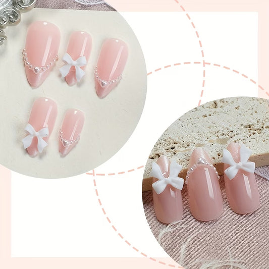 White gradient pearl bow nails