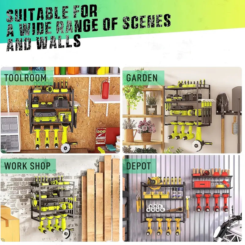 Heavy-Duty 4-Tier Metal Electric Tool Organizer Rack, Wall-Mounted Garage Storage Shelf, with Screwdriver Holder, Pliers Rack, and Hammer Holder, for Ideal Father'S Day or Christmas Gift, Utility Shelves
