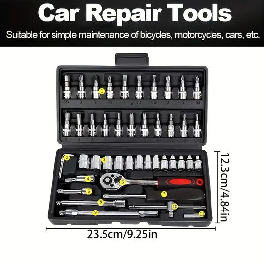 46pcs Premium Chrome Vanadium Steel Ultimate Automotive Repair Tool Set - High Torque Wrench Kit, Ultra Portable for Car, Bike, and Motorcycle Maintenance