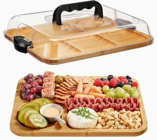 Bamboo Cheese Tray Bamboo Cheese Tray with Secure Snap-On Lid - Portable Deli Platter, Food-Safe Bamboo Base & Clear Acrylic Cover, Elegant Serving Tray