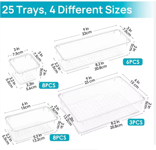25pcs Clear Drawer Organizer Tray Set