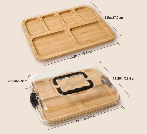 Bamboo Cheese Tray Bamboo Cheese Tray with Secure Snap-On Lid - Portable Deli Platter, Food-Safe Bamboo Base & Clear Acrylic Cover, Elegant Serving Tray