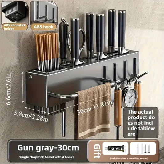 High-Quality Carbon Steel Kitchen Utensil Storage Rack + ABS resin Hooks, Wall-Mounted No-Drill Organizer, Easy and Sturdy Installation,