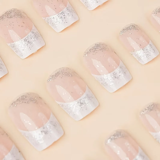 White glitter tip square nails