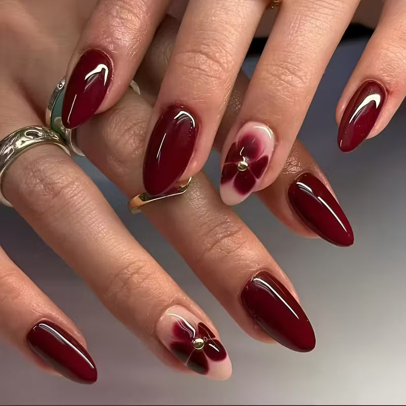 Wine Red Floral Water Droplet Nails