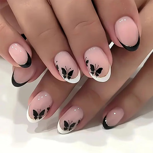 Black butterfly glitter oval nails