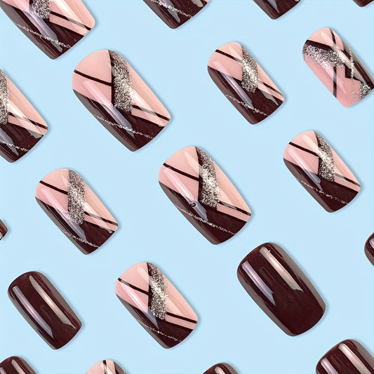 Burgundy glitter line square nails