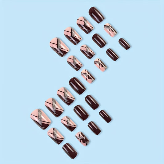 Burgundy glitter line square nails