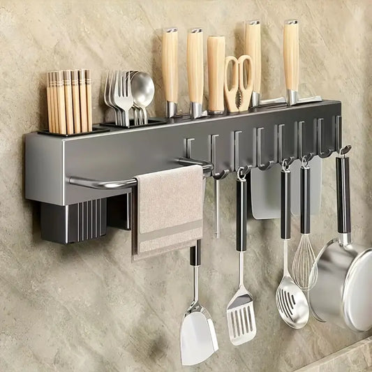 High-Quality Carbon Steel Kitchen Utensil Storage Rack + ABS resin Hooks, Wall-Mounted No-Drill Organizer, Easy and Sturdy Installation,