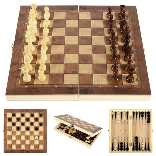 3-in-1 Wooden Checkers & Chess Set