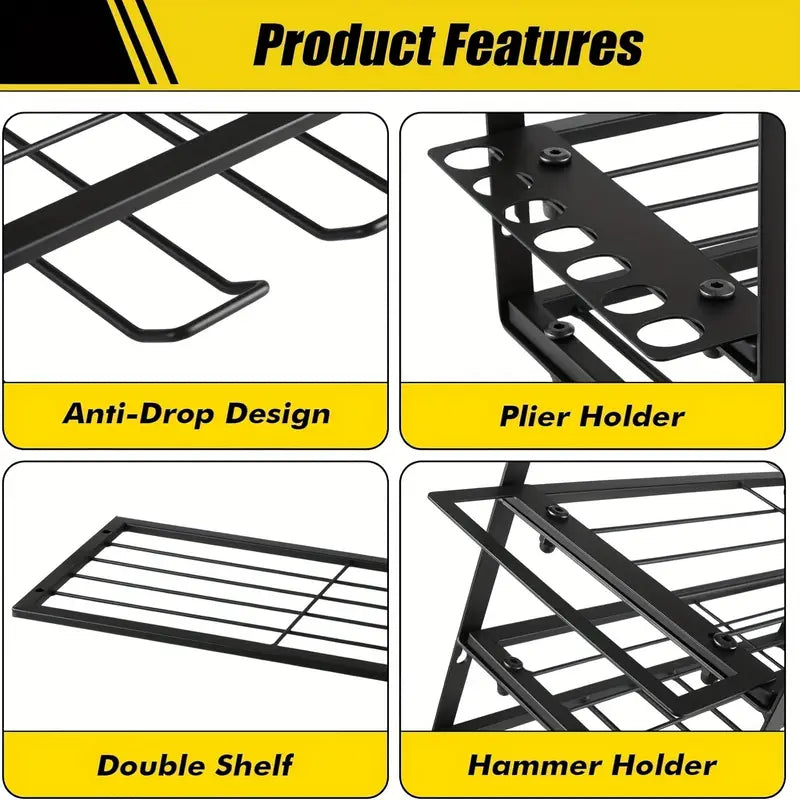 Heavy-Duty 4-Tier Metal Electric Tool Organizer Rack, Wall-Mounted Garage Storage Shelf, with Screwdriver Holder, Pliers Rack, and Hammer Holder, for Ideal Father'S Day or Christmas Gift, Utility Shelves
