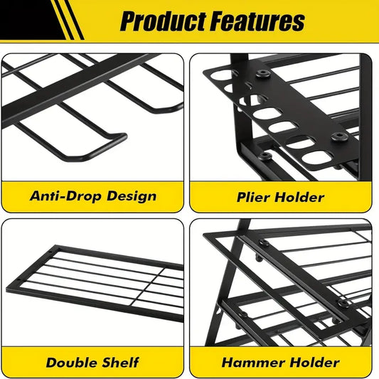Heavy-Duty 4-Tier Metal Electric Tool Organizer Rack, Wall-Mounted Garage Storage Shelf, with Screwdriver Holder, Pliers Rack, and Hammer Holder, for Ideal Father'S Day or Christmas Gift, Utility Shelves