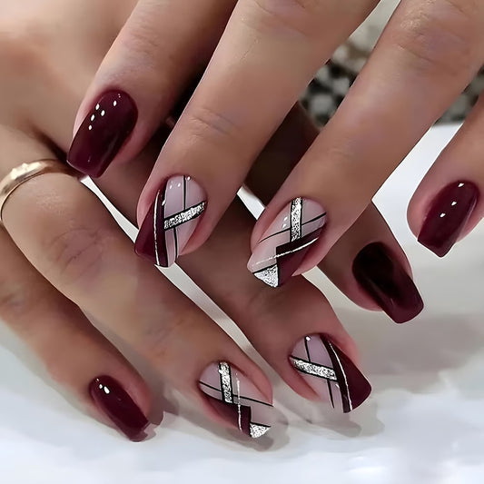 Burgundy glitter line square nails