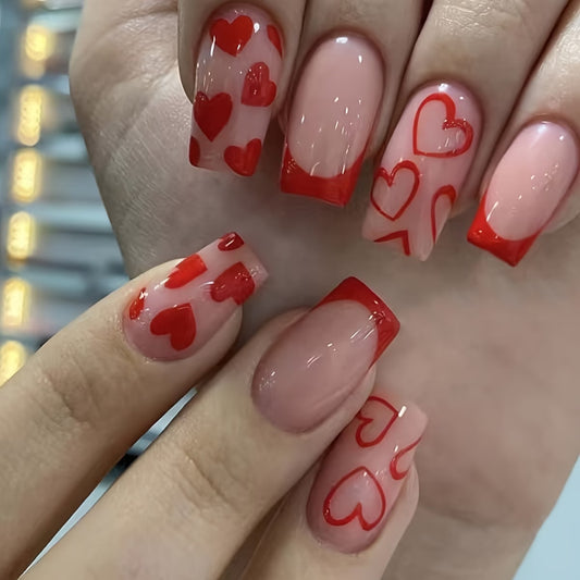 Red lace heart French nails