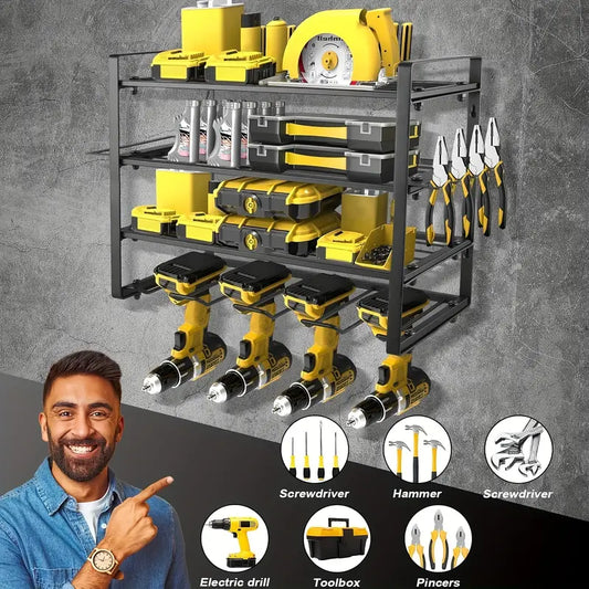 Heavy-Duty 4-Tier Metal Electric Tool Organizer Rack, Wall-Mounted Garage Storage Shelf, with Screwdriver Holder, Pliers Rack, and Hammer Holder, for Ideal Father'S Day or Christmas Gift, Utility Shelves