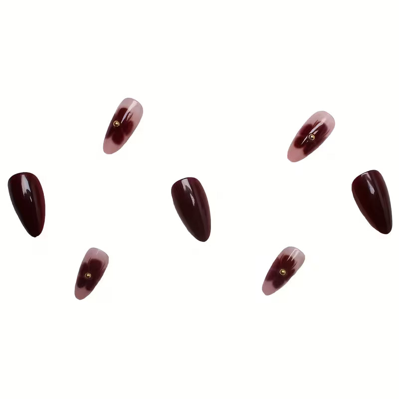 Wine Red Floral Water Droplet Nails