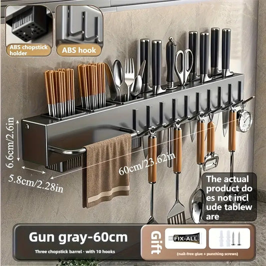 High-Quality Carbon Steel Kitchen Utensil Storage Rack + ABS resin Hooks, Wall-Mounted No-Drill Organizer, Easy and Sturdy Installation,