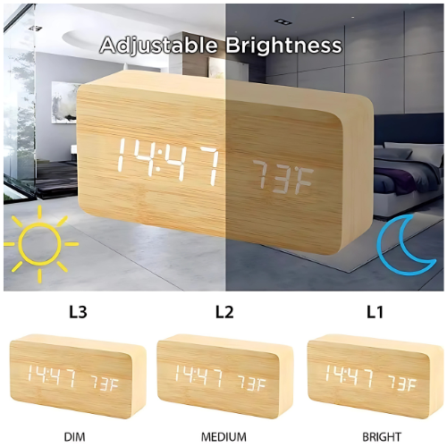 Wooden LED Alarm Clock with Temperature