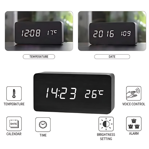 Wooden LED Alarm Clock with Temperature